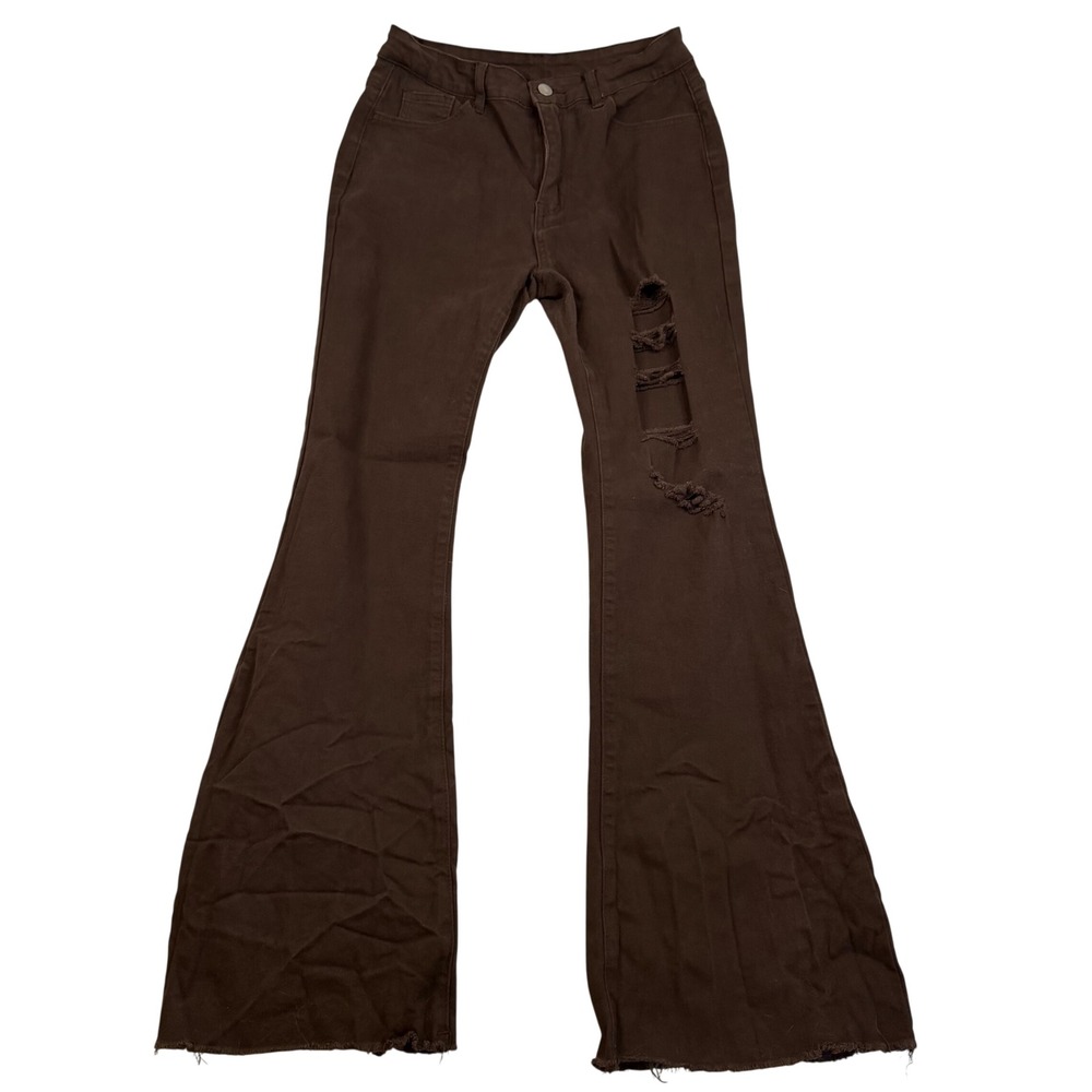 Womens Brown Distressed Flare Jeans High Rise Ripped Wide Leg Raw Hem Size L